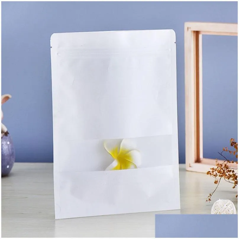 New White Kraft Paper Bag With Window Stand Up Pouch With Zipper Dried Fruit Nut Tea Packaging Bag LZ0164