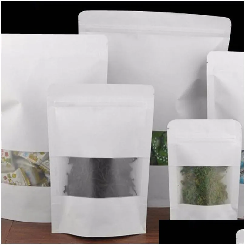 New White Kraft Paper Bag With Window Stand Up Pouch With Zipper Dried Fruit Nut Tea Packaging Bag LZ0164