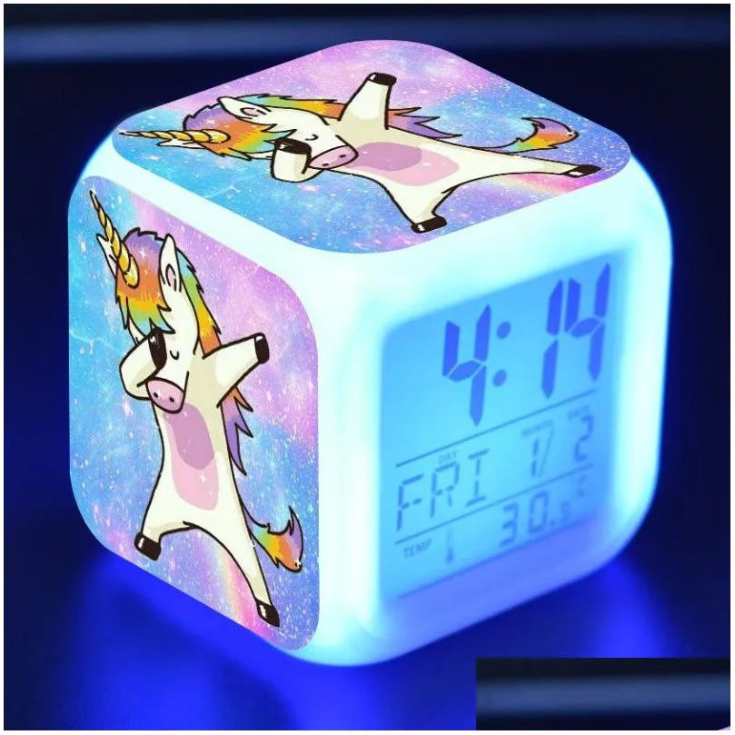 cartoon alarm clock led digital display 7 color changing light night glowing kids bedside desk alarms child gifts