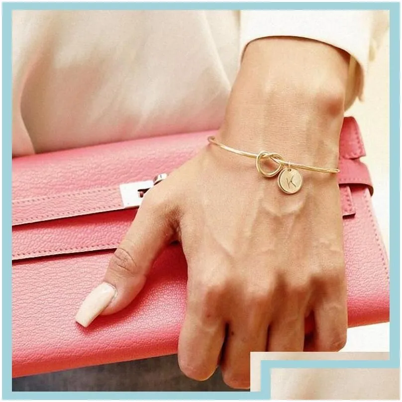 bangle 26 initial letter knot heart bracelet girl fashion jewelry alloy round pendant bracelets for women bridesmaid gift drop delive