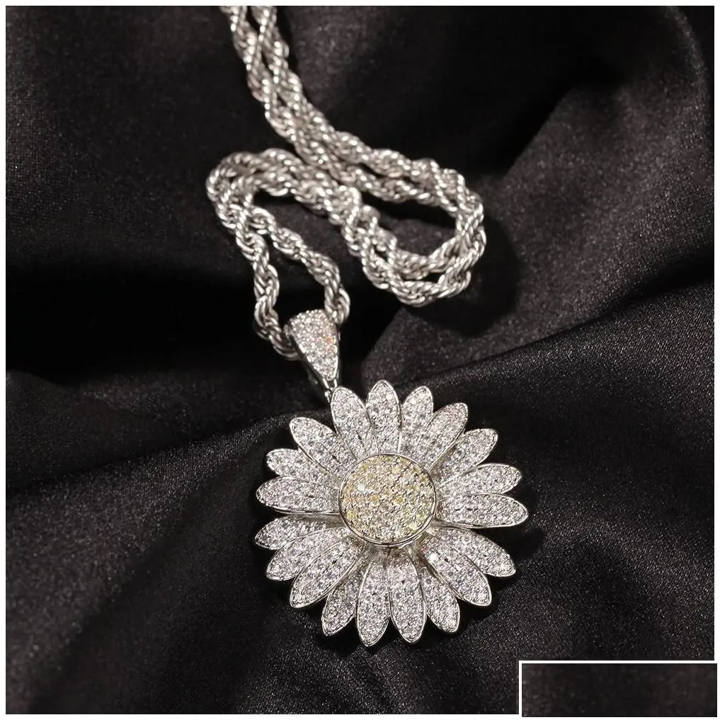 pendant necklaces hip hop rotatable sunflower necklace fl bling zircon 18k real gold plated jewelry drop delivery pendants dhrlz