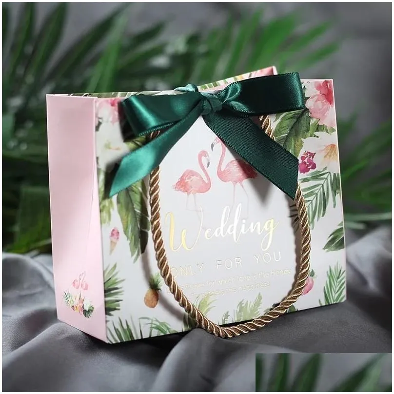 Flamingo Kraft Paper Bag With Handles and Ribbon Paper Gift Bags For Wedding Party Favors Small Bags Present  Candy Cake