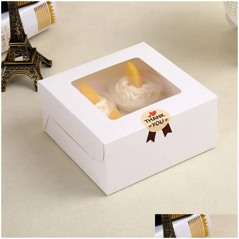 16x16x7.5cm Cavity Clear Window Creative Kraft Brown & White Cupcake Boxes Muffin Packaging Box LZ0745