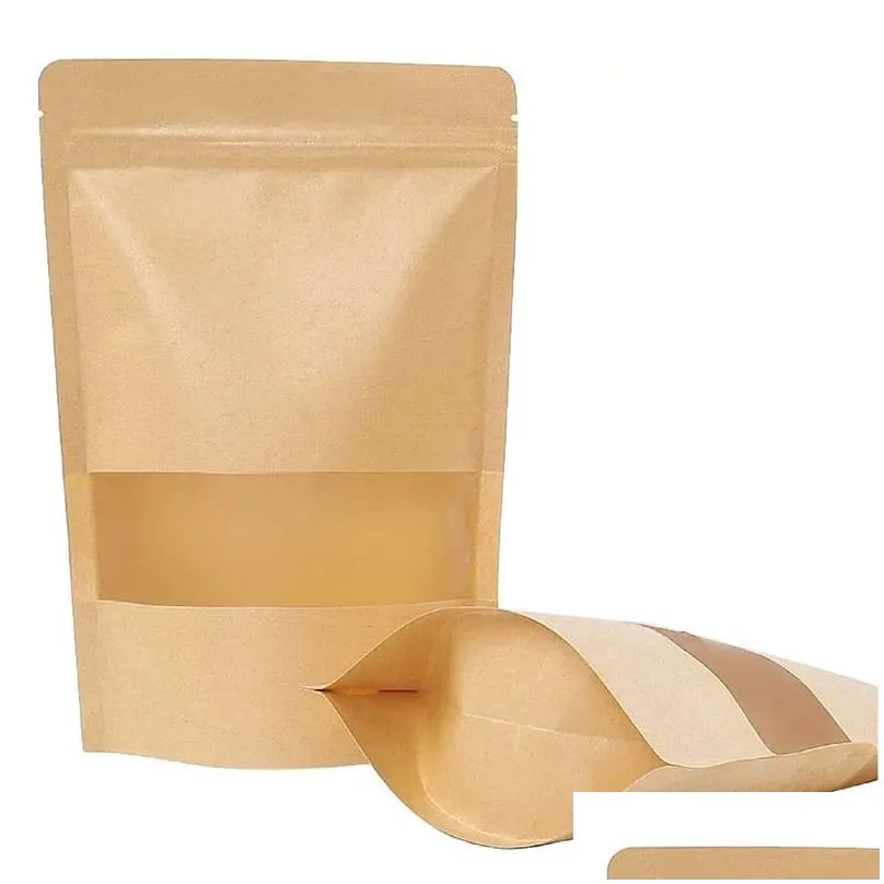 Stand Up Kraft Paper Pack Bags W/ Frosted Window Biscuit Doy pack Zipper Storage Pouch LZ0492