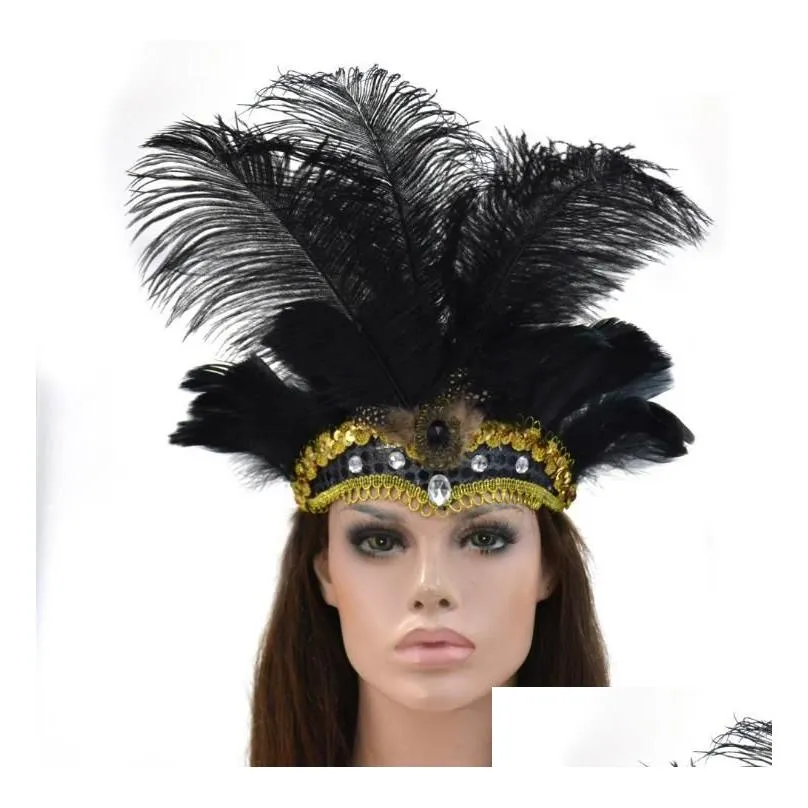 feathered dance headband - ostrich plumes rhinestones water drill hoop for belly dance halloween christmas