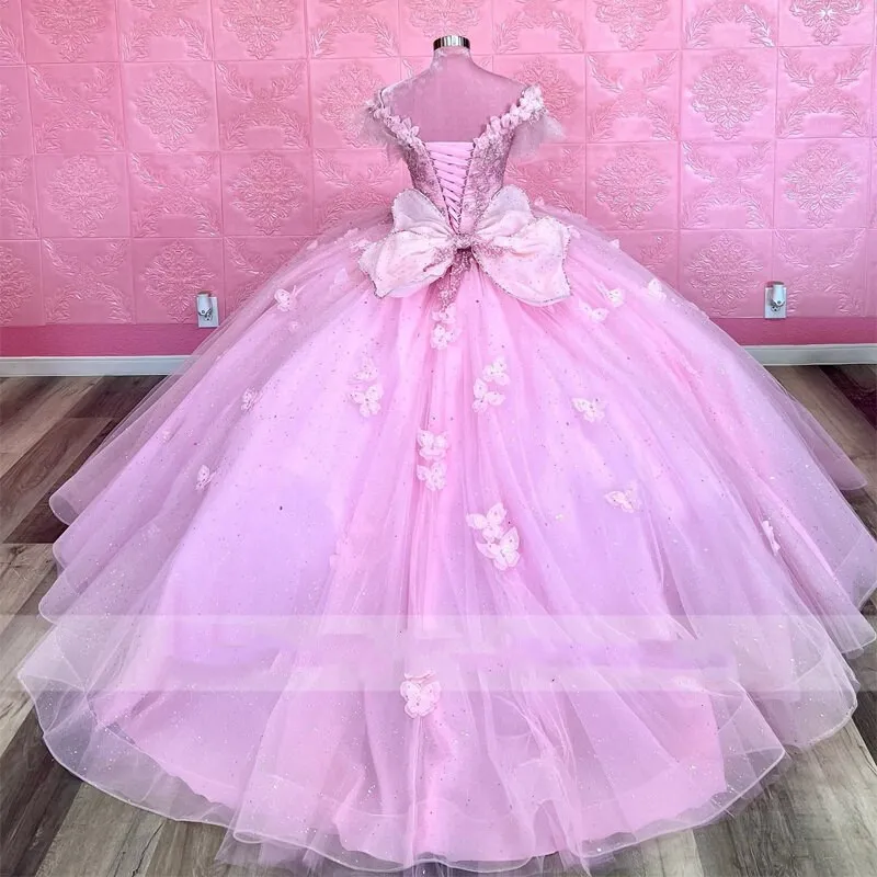 Pink Quinceanera Dress Ball Gown With Bow Off The Shoulder Flowers Butterfly Appliques Beading Corset Pageant Sweet 15 Party