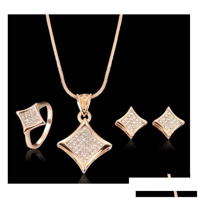 18kgp necklace earrings rings sets fashion full rhinestone crystal bride jewlery sets women fine jewelry cal1097b unvqa