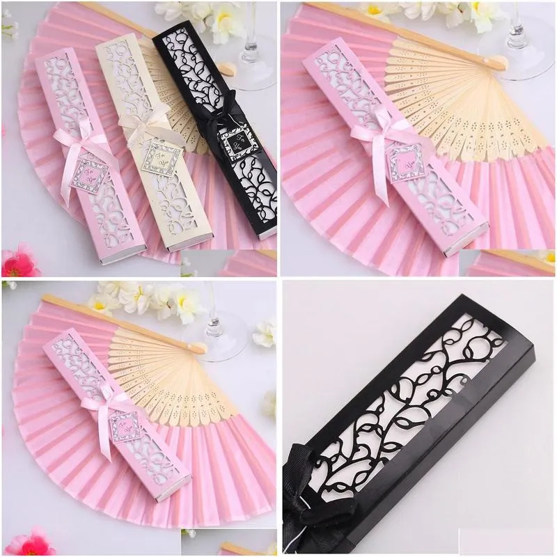 Luxurious Silk Fold hand Fan in Elegant Laser-Cut Gift Box +Party Favors wedding baby shower Gifts fast shipping F2017530