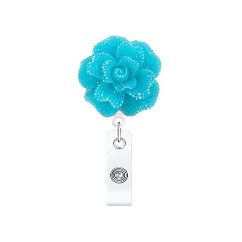 wholesale retractable badge holder with alligator clip flower shaped ab rhinestones 24 inch retractable cord id badges reel for school