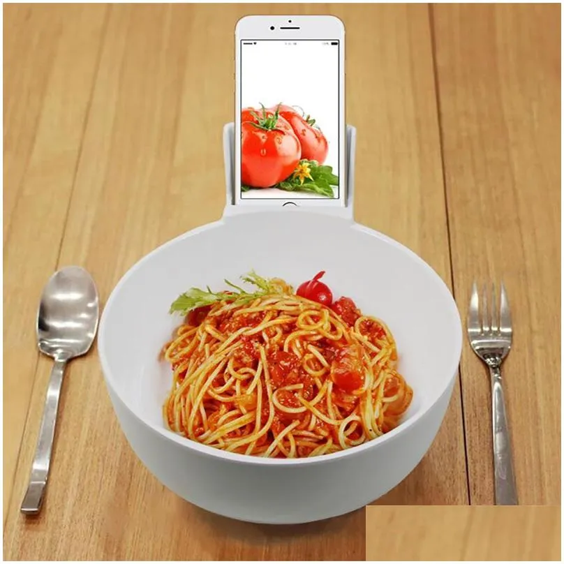 Creative Bowl with Cell Phone Holder for Mobile Phone Users White Black Melamine Bowl 2L Large Size Ramen Bowls Tableware ZA2668