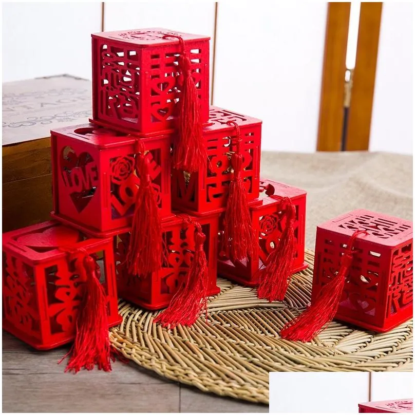 chinese style vintage novelty red square wooden love wedding candy boxes Gift party favors sugar supply LX0434