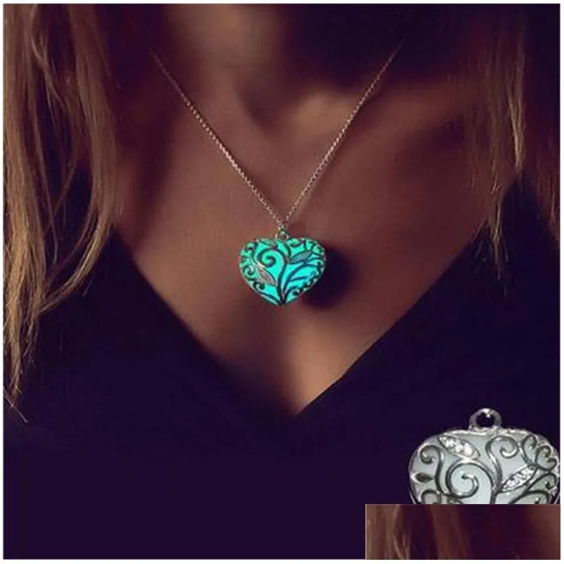 Fluorescence Necklace women love heart gift Glow in the Dark Pendant necklace with 48cm chain blue green pink Jewelry LZ0487