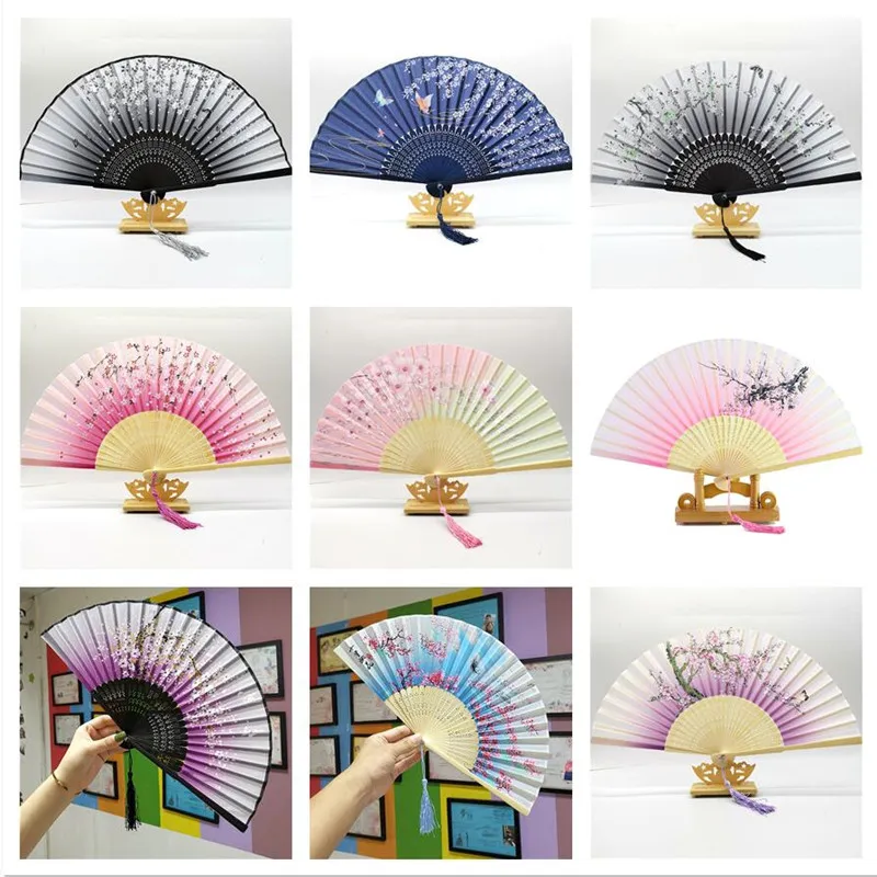 Bamboo Flower Fold Hand Fans Wedding Chinese Style Silk Fan Children Antique Folding Fan Gift Vintage Party Supplies MJ0848