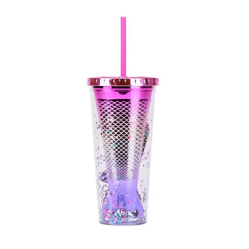 350ml as double-layer plastic tumbler gradient color mermaid tail electroplated sequined water cups with straws