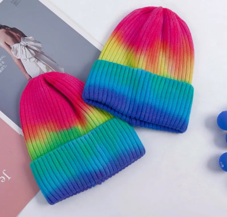 rainbow knitted hat rabbit velvet wool beanie female pointed cap tie dyed hats 2colors fashion nice women girls nice caps