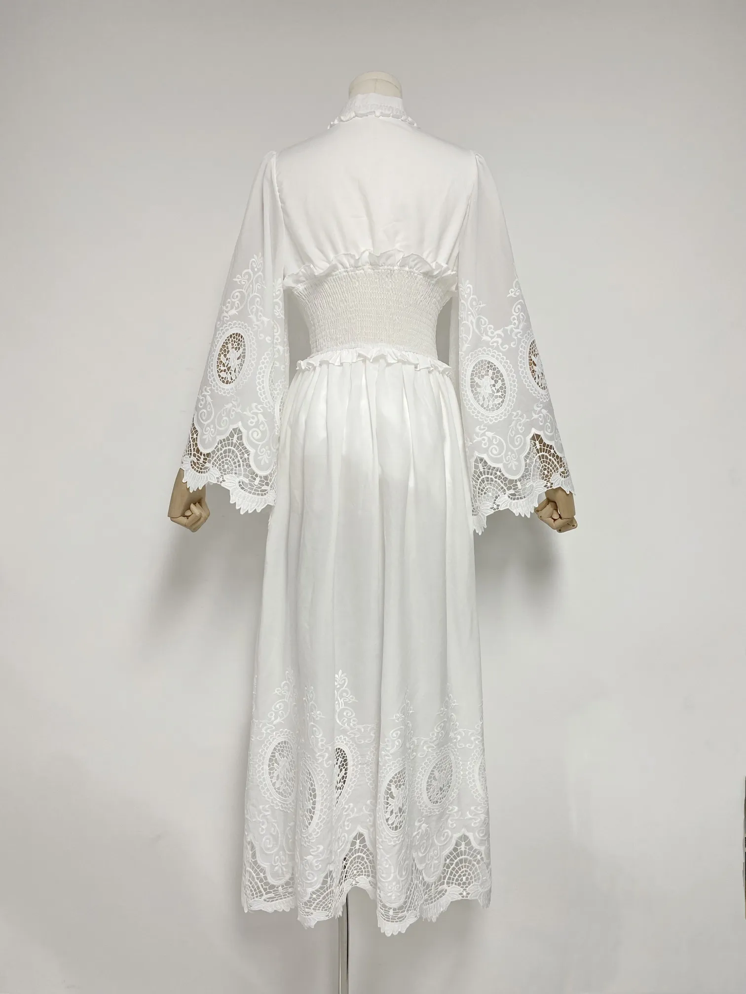 French Long Skirt Loose High Waist Dress 2023 Autumn Women's Vintage Elegant Hollow out Flare Sleeve Dress