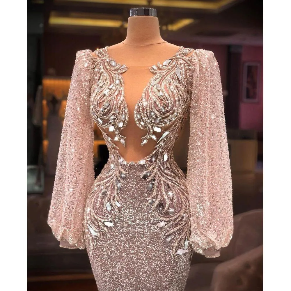 Sparkly Arabic Crystals Mermaid Evening Dress 2022 Long Sleeves Beading Illusion Party Wear Celebrity Dresses For Women Robes