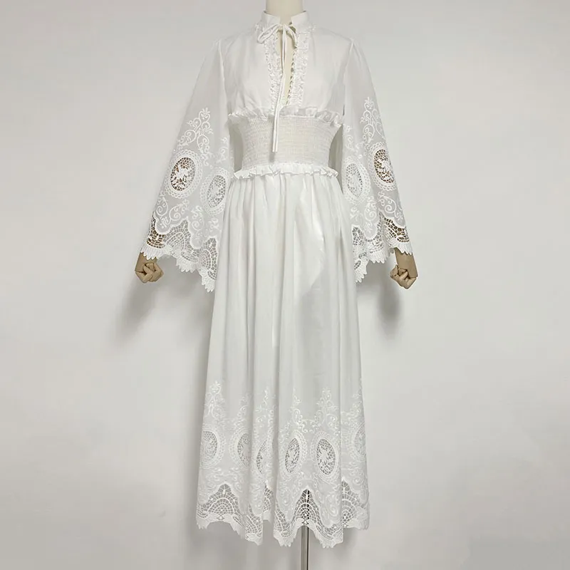 French Long Skirt Loose High Waist Dress 2023 Autumn Women's Vintage Elegant Hollow out Flare Sleeve Dress