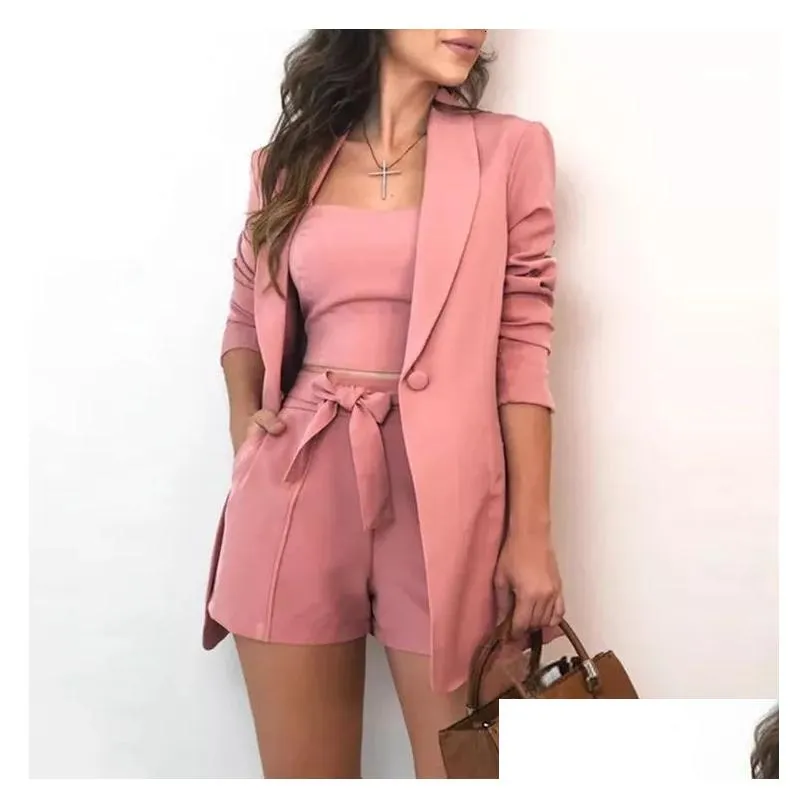women s two piece pants in 3 pieces suits sets with sashe long sleeve top biker shorts vest spring solid elegant office lady outfits stre