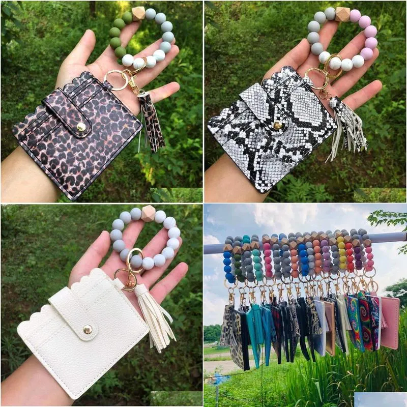 7 styles leopard silicone bead bracelet keychain id card bag sunflower solid colors pu leather wallet wrist bags with tassels