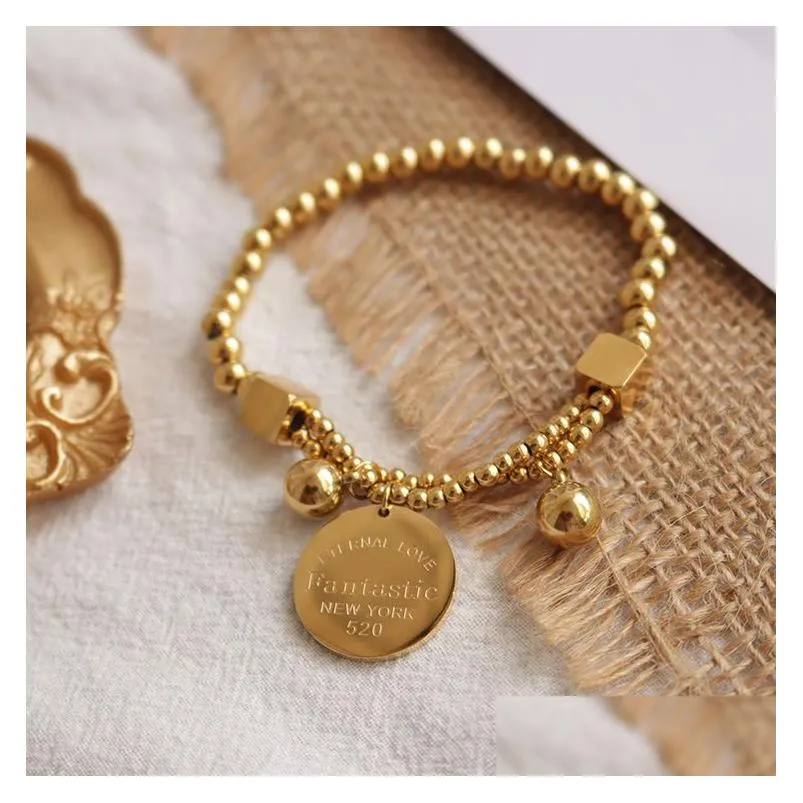 stainless steel ball beads bracelet for women circle tag charm stretch strand bracelet fantastic eternal love 