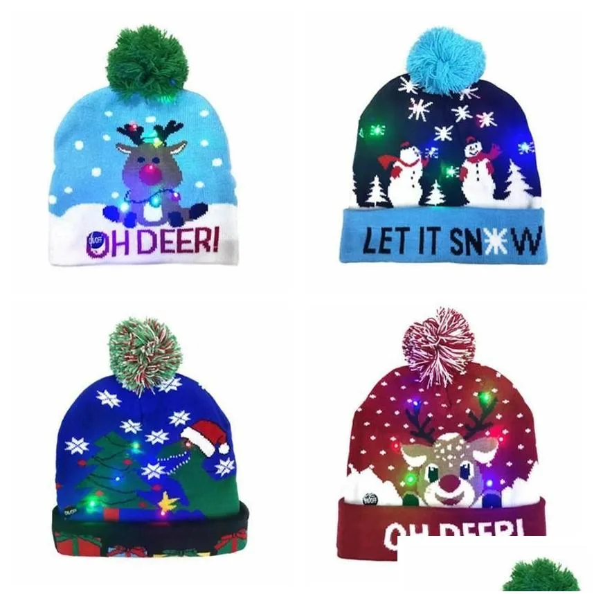 16 style Led Christmas Halloween Knitted Hats Beanies Kids Baby Mom 20*21cm Winter Warm Beanies Pumpkin Snowmen Crochet Caps M10