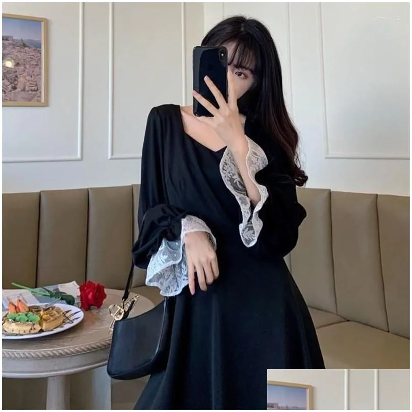 casual dresses fat mm dress womens 2023spring and autumn french retro hepburn style black vestidos lace long female l436
