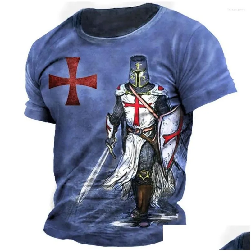 Men`s T Shirts Retro Knights Templar Print Men`s T-shirts Summer Loose Polyester Short Sleeve Male Tops Crusader Soldier Clothing