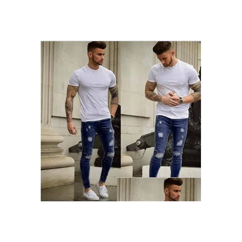 grinding white frayed small feet mens jeans ripped elastic european and american skinny jeans