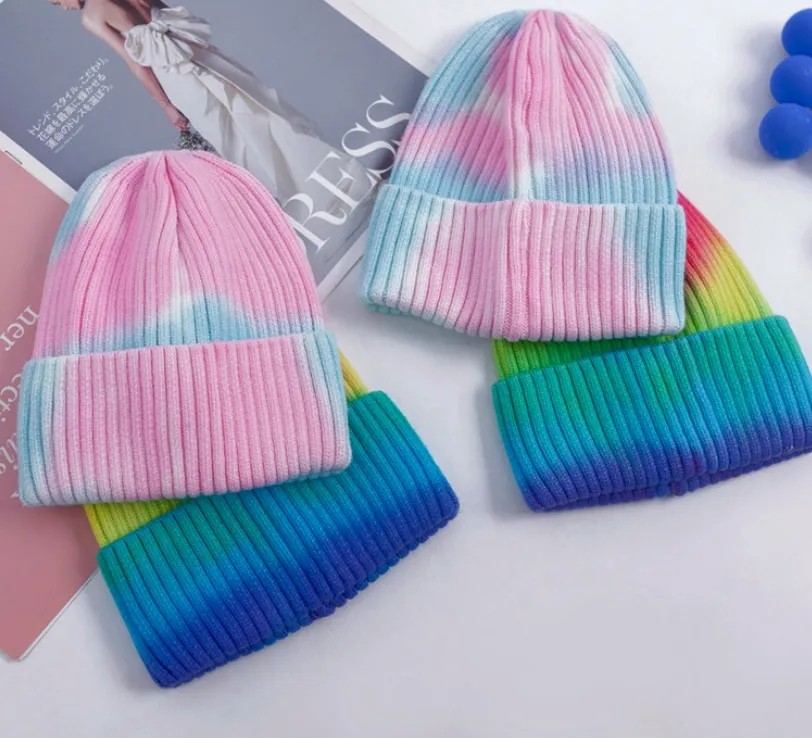 rainbow knitted hat rabbit velvet wool beanie female pointed cap tie dyed hats 2colors fashion nice women girls nice caps
