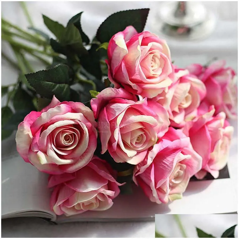 wedding decorations real touch material artificial flowers rose bouquet home party decoration fake silk single stem flowers floral