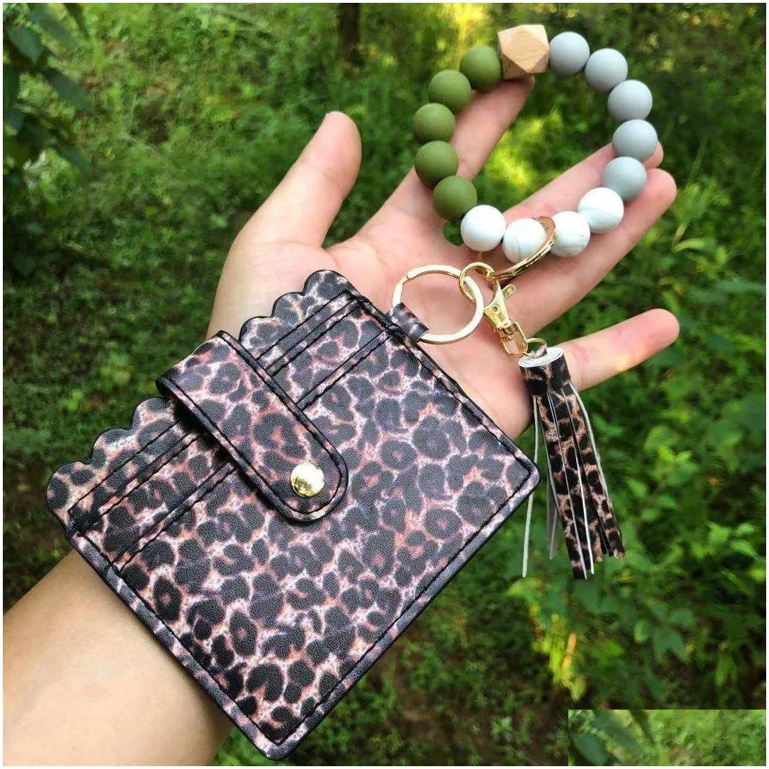 7 styles leopard silicone bead bracelet keychain id card bag sunflower solid colors pu leather wallet wrist bags with tassels