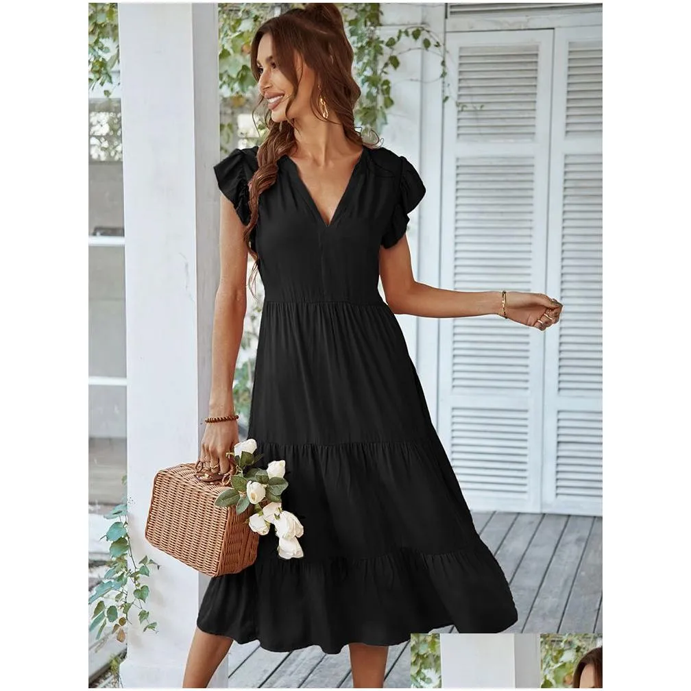 summer boho dress fashion casual v neck black pink ruffles midi es elegant beach party for women robe femme 220613