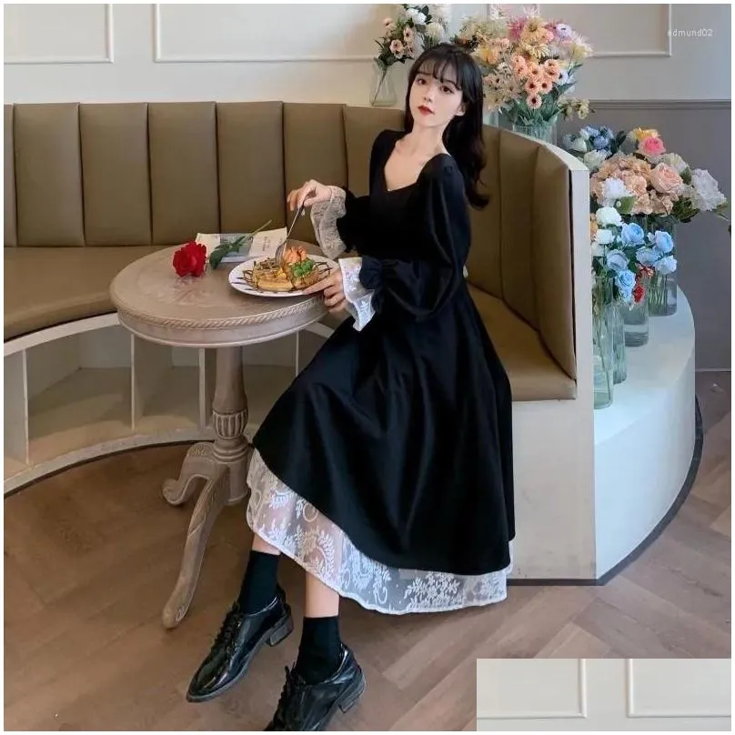 casual dresses fat mm dress womens 2023spring and autumn french retro hepburn style black vestidos lace long female l436