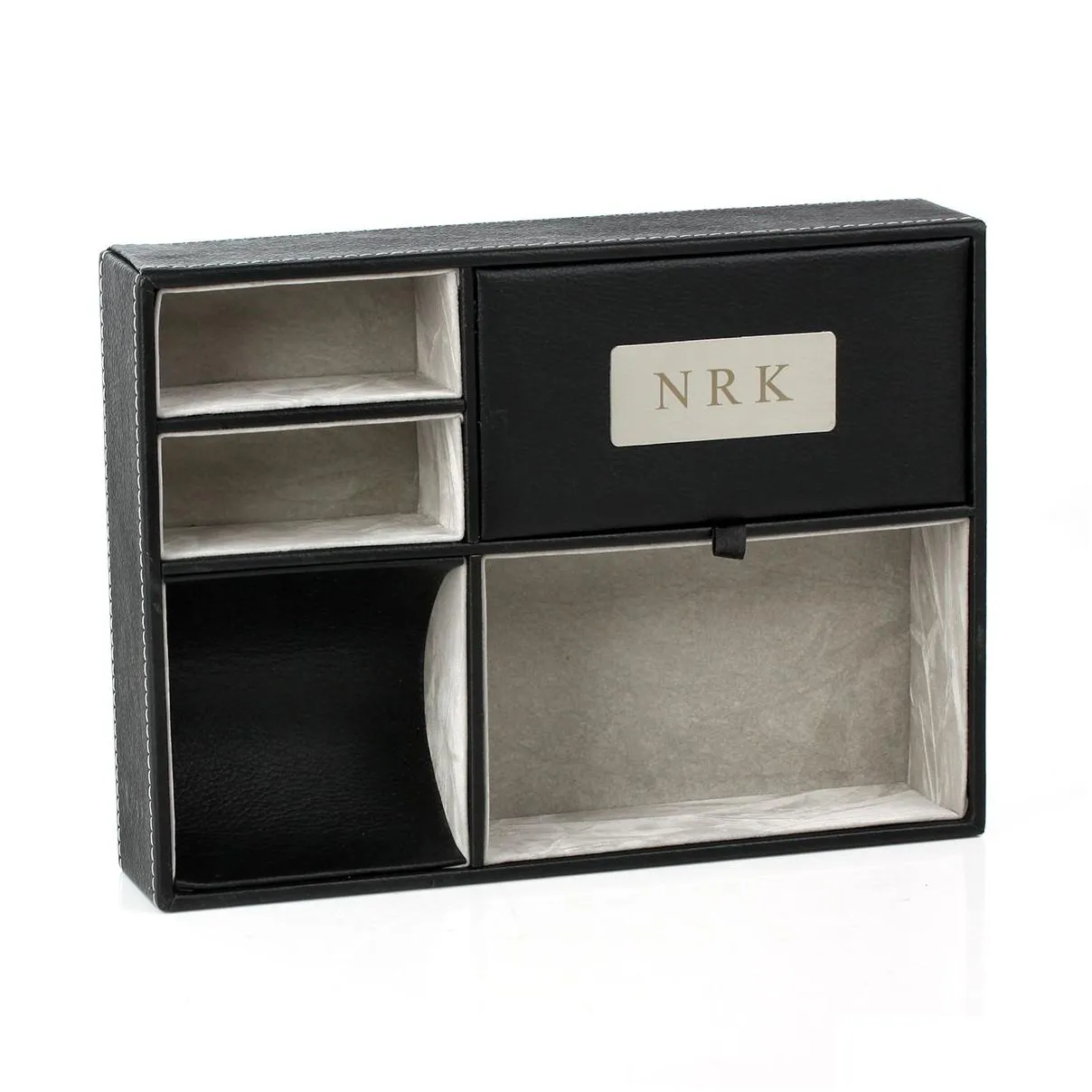 personalized faux leather valet tray nightstand or dresser top organizer for men 5 compartment catch-all for accessories engraved