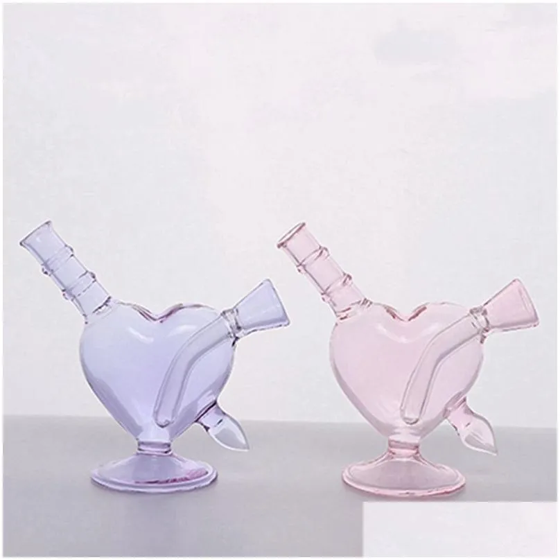 cool colorful pink purple pyrex thick glass pipes bubbler filter portable heart dry herb tobacco preroll rolling cigarette cigar bong holder waterpipe love