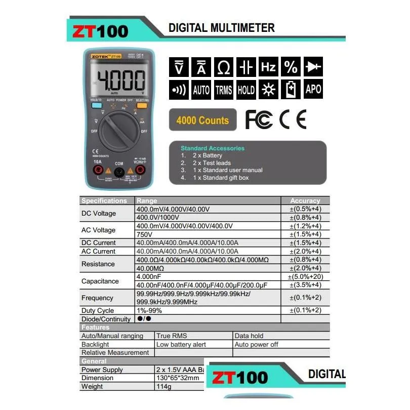 wholesale Zotek digital multimeter, zt100 automatic range, 2000counts 550V protection, automatic shutdown