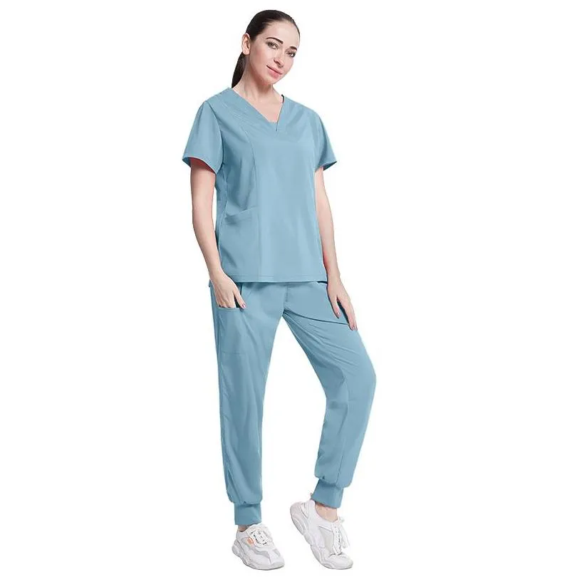 womens two piece pants womens solid color spa threaded clinic work suits tops unisex scrub pet nursing uniform