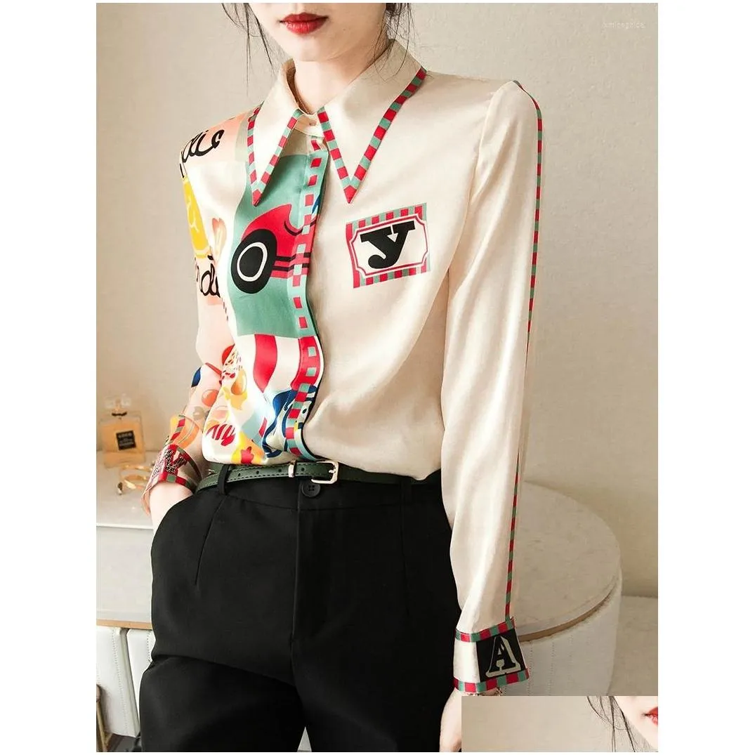 womens blouses elegant print silk blouse women korean long sleeve shirt modis tops 2023 arrival