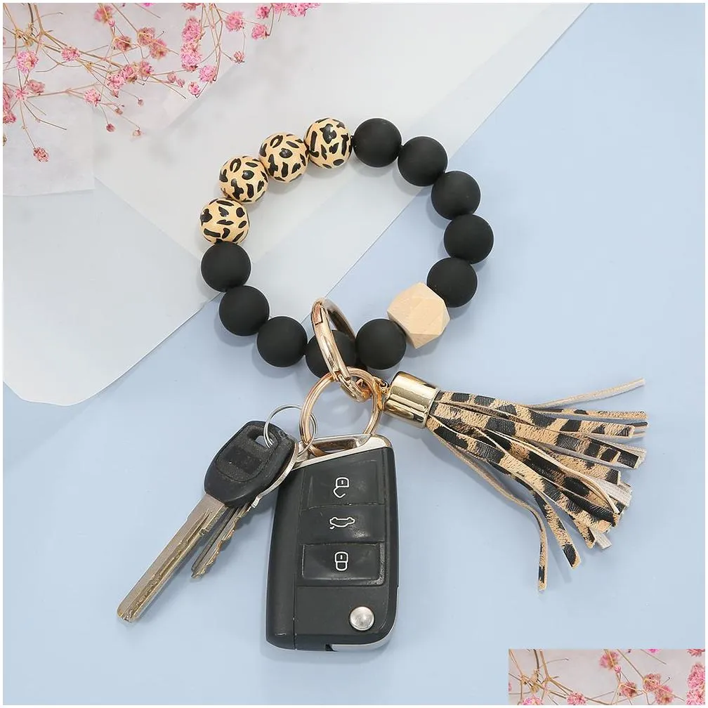 black frosted wooden bead bracelet keychain fashion pattern tassel pendant bracelets women girl key ring wrist strap