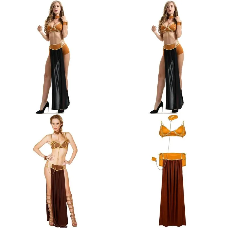 stage wear sexy carnival cosplay princess leia slave costume dress gold bra and neck chain halloween costume
