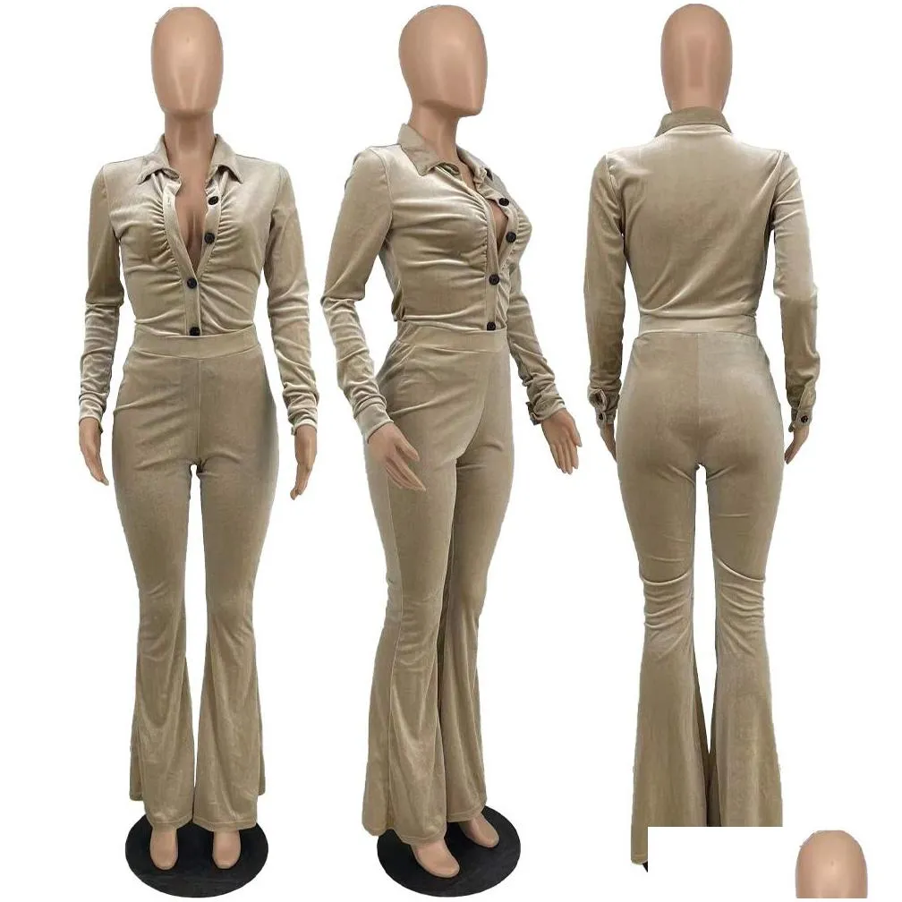 velvet two piece pants casual tracksuits women lapel neck shirt and bottoms outfits set wear ship