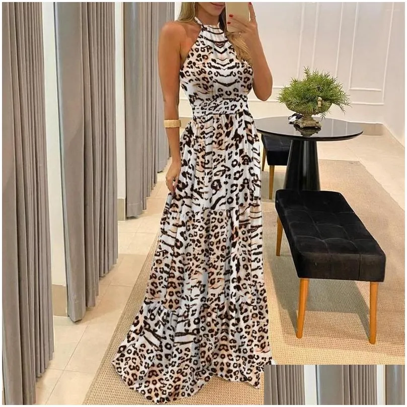 casual dresses women leopard print halter backless strapless maxi dress 2023 summer sexy sleeveless beach sundress vacation long