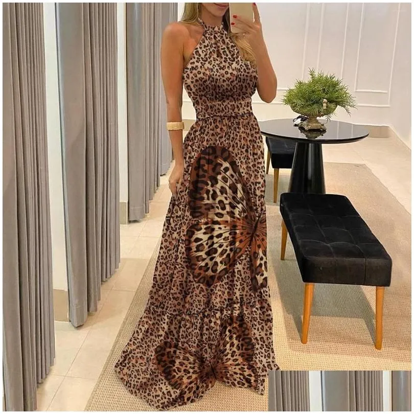 casual dresses women leopard print halter backless strapless maxi dress 2023 summer sexy sleeveless beach sundress vacation long