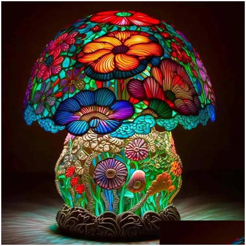 decorative objects figurines retro stained glass plant series table lamps colorful flower mushroom creative night lamp bedroom bedside atmosphere light