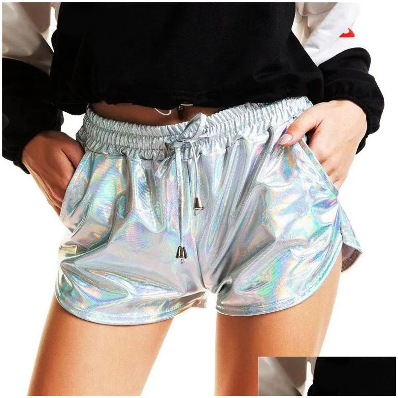 womens shorts women shiny metallic 2022 summer holographic wet look casual elastic drawstring festival rave booty