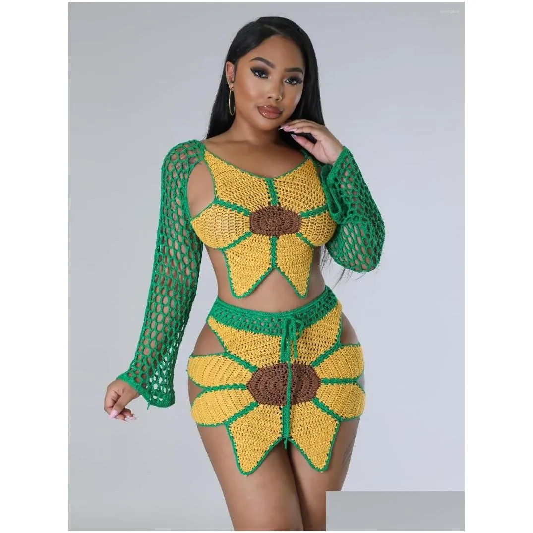 two piece dress women long sleeve tops and mini skirt hand-clogheted sunflower swimsuit cover ups 2023 summer 2 set beach suits