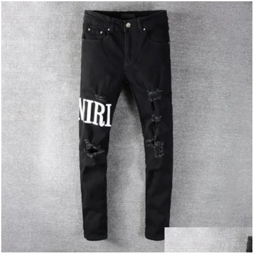 Casual Streetwear Black Slim Fit Jeans Men Autumn Masculina Letter Jeans Pants Trendy Dance Club Skinny s toursers