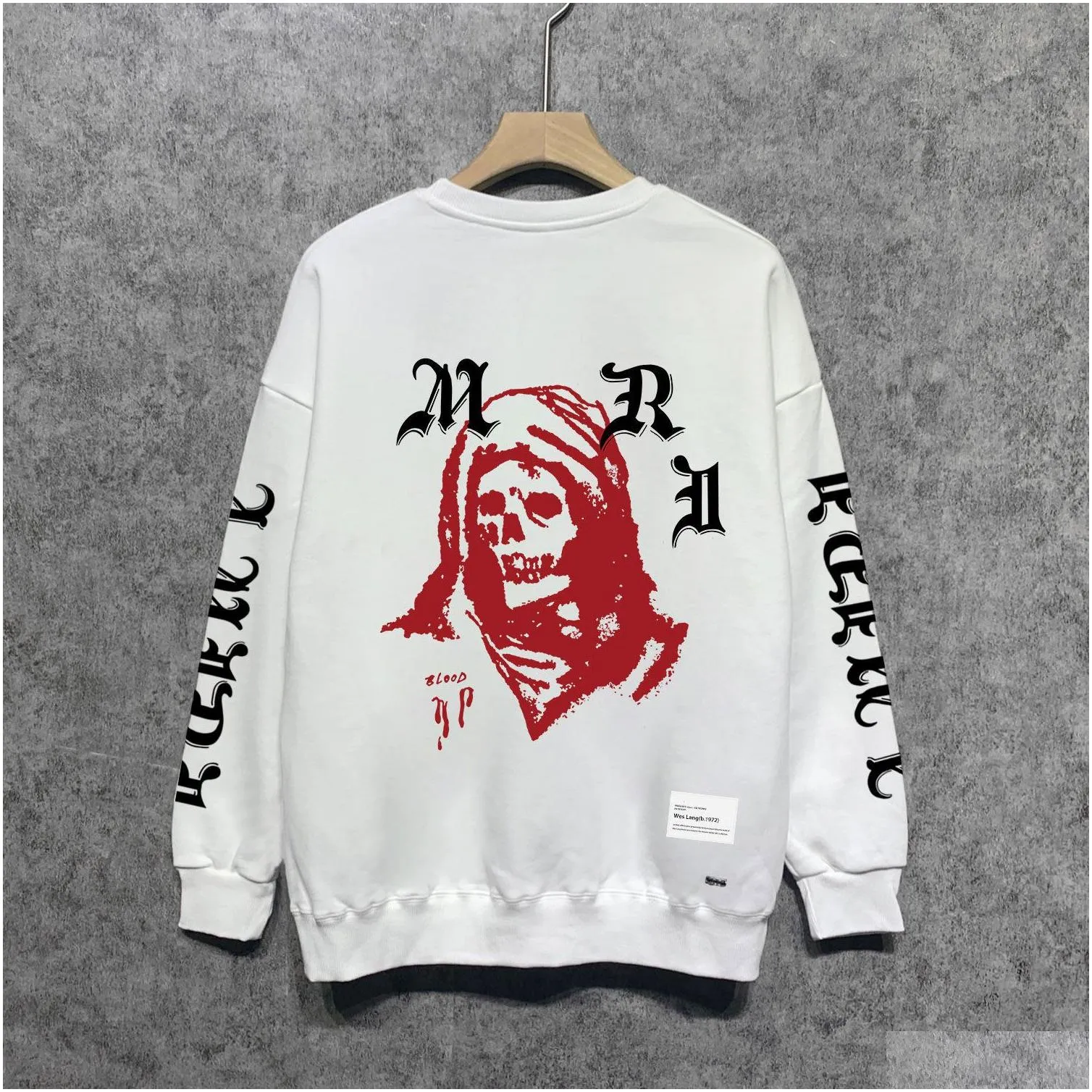 Casual Flocking Bone Pattern Tshirt Top Mens Sweatshirt Hoodie Japanese Korean Streetwear O-neck Men Sweatshirt