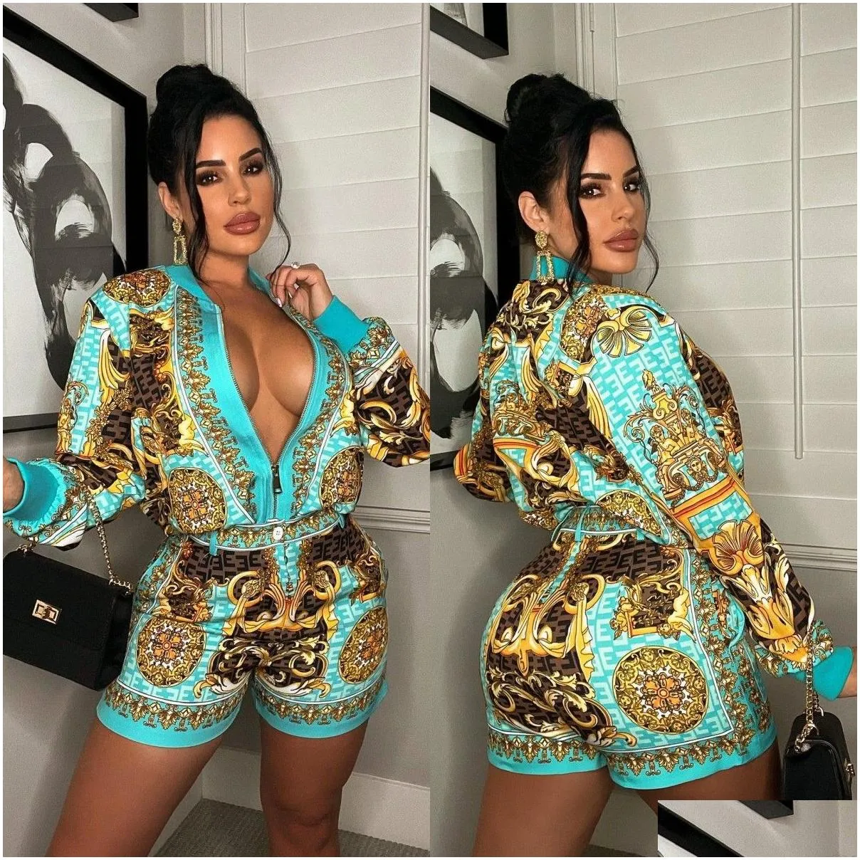 2023 spring two piece pants women designer print jacket and shorts 2pcs set outfits ship